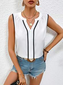 SHEIN LUNE Contrast Binding Notched Neckline Sleeveless Blouse - White - View 6