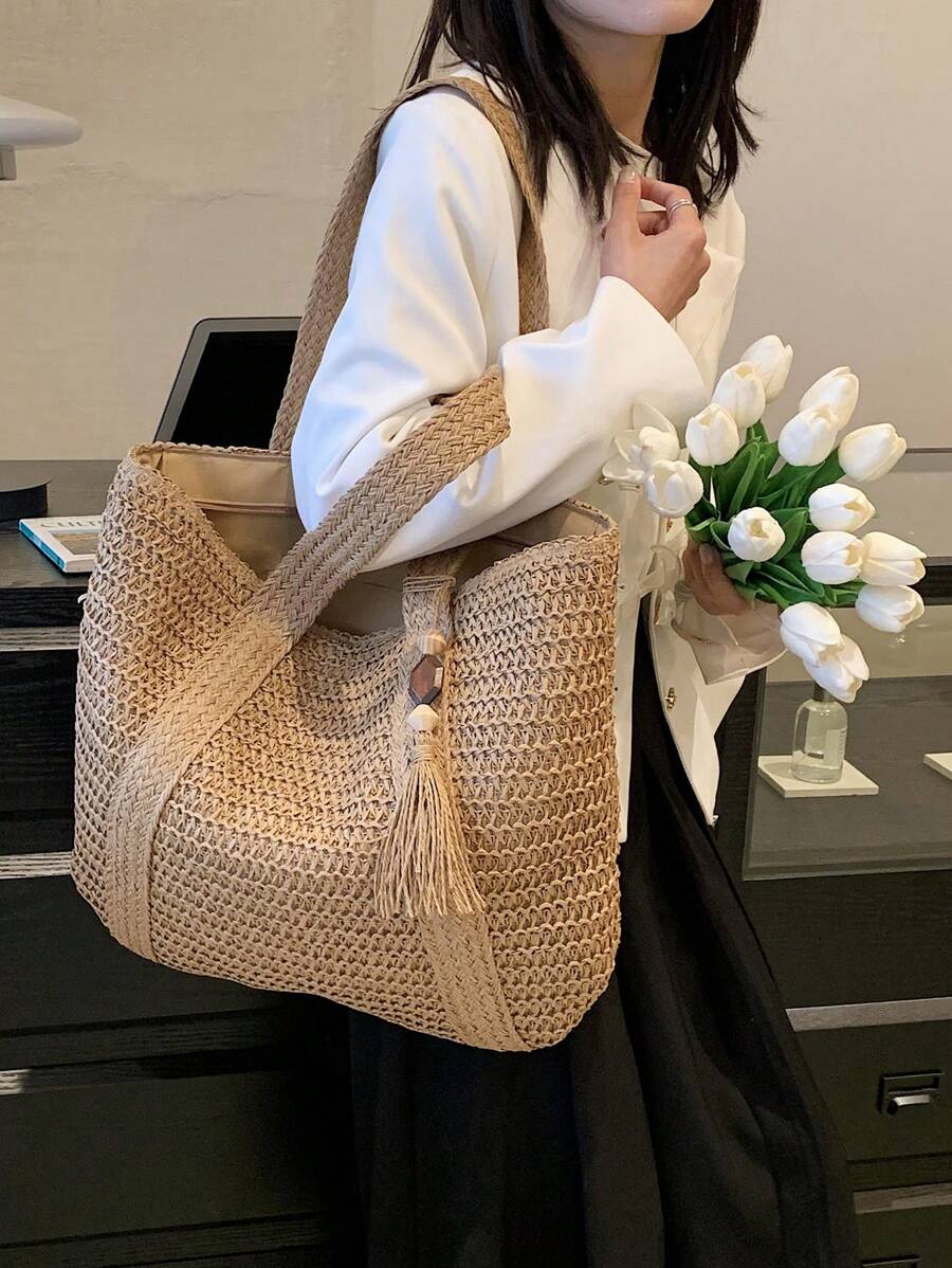 大號草編袋掛飾流蘇，適用於假期度假，是夏季海灘旅行度假的完美選擇，大容量沙灘袋，適用於夏季海灘旅行度假，必備的夏季用品，是度假和假期的完美選擇 - 卡其色 - 查看 1