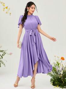 Modelyn 小高領蝴蝶袖繫腰帶連衣裙 - 紫丁香色 - 查看 1