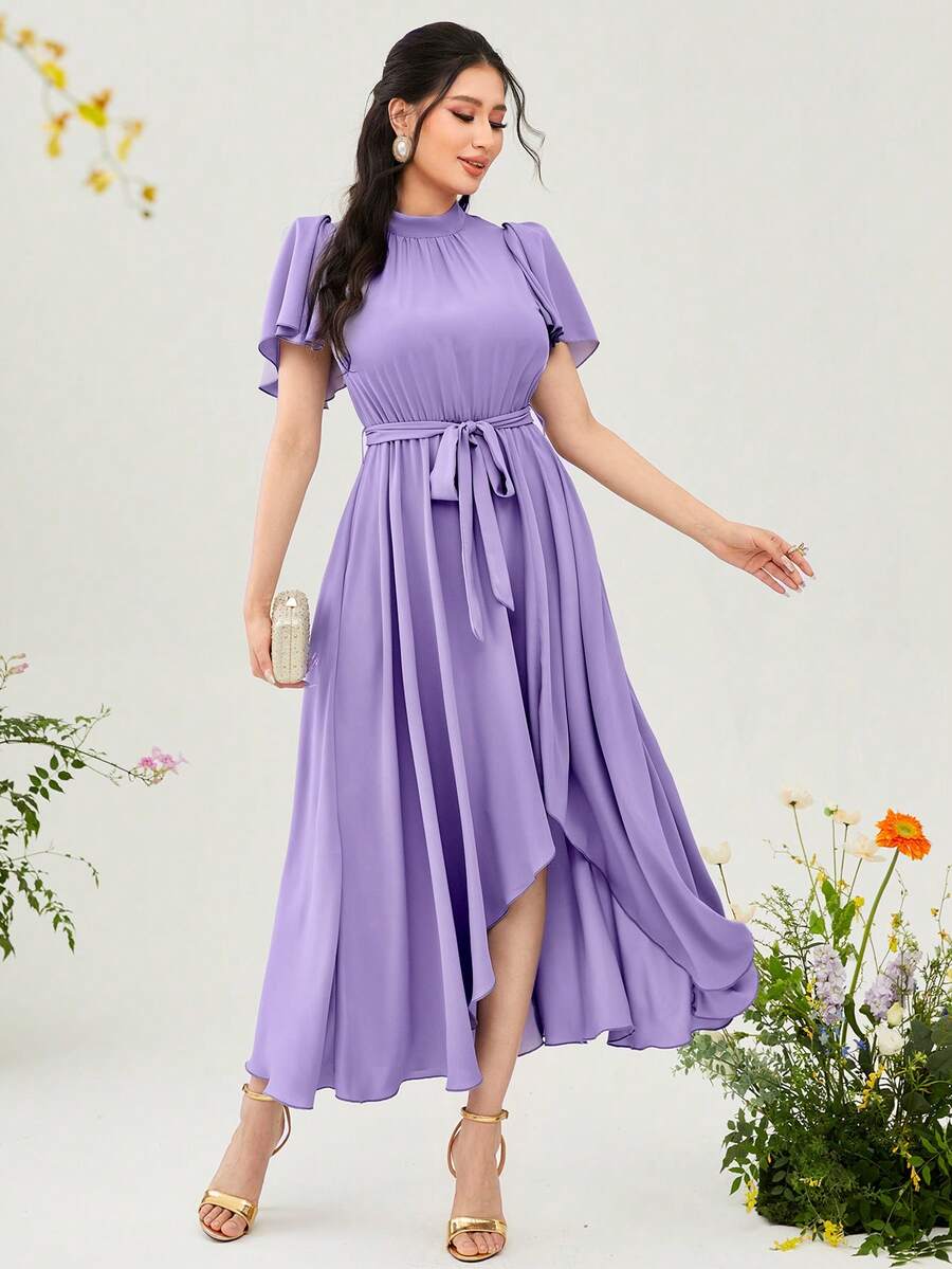 Modelyn 小高領蝴蝶袖繫腰帶連衣裙 - 紫丁香色 - 查看 1