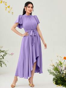 Modelyn 小高領蝴蝶袖繫腰帶連衣裙 - 紫丁香色 - 查看 5