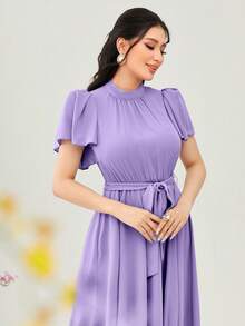 Modelyn 小高領蝴蝶袖繫腰帶連衣裙 - 紫丁香色 - 查看 6