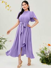 Modelyn 小高領蝴蝶袖繫腰帶連衣裙 - 紫丁香色 - 查看 3