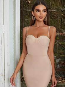Contrast Mesh Mermaid Hem Bustier Bandage Dress - Apricot - View 3