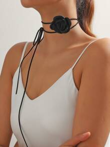 1pc Simple Black Camellia Ribbon Multi-Use Waist Chain & Necklaces For Women - Black - View 5