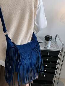 Medium Hobo Bag Fringe Decor Solid Color - Royal Blue - View 3