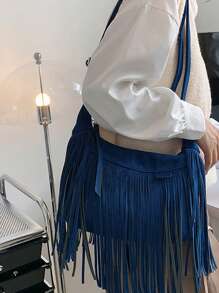 Medium Hobo Bag Fringe Decor Solid Color - Royal Blue - View 4