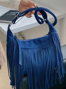 Medium Hobo Bag Fringe Decor Solid Color - Royal Blue - View 5