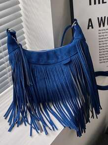 Medium Hobo Bag Fringe Decor Solid Color - Royal Blue - View 7