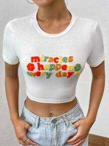 SHEIN Qutie 標語圖案短款T恤 - 白色 - 查看 4