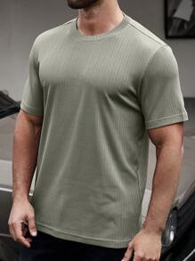 Manfinity Homme 男士素色條紋針織T恤 - 軍綠色 - 查看 4