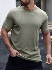 Manfinity Homme 男士素色條紋針織T恤 - 軍綠色 - 查看 7