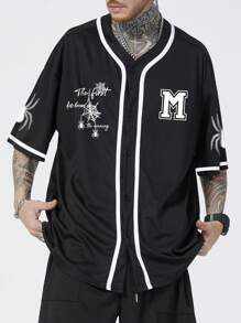 ROMWE MEN Prep Men Letter Graphic Contrast Binding Shirt - Black - View 1