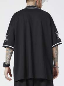 ROMWE MEN Prep Men Letter Graphic Contrast Binding Shirt - Black - View 2