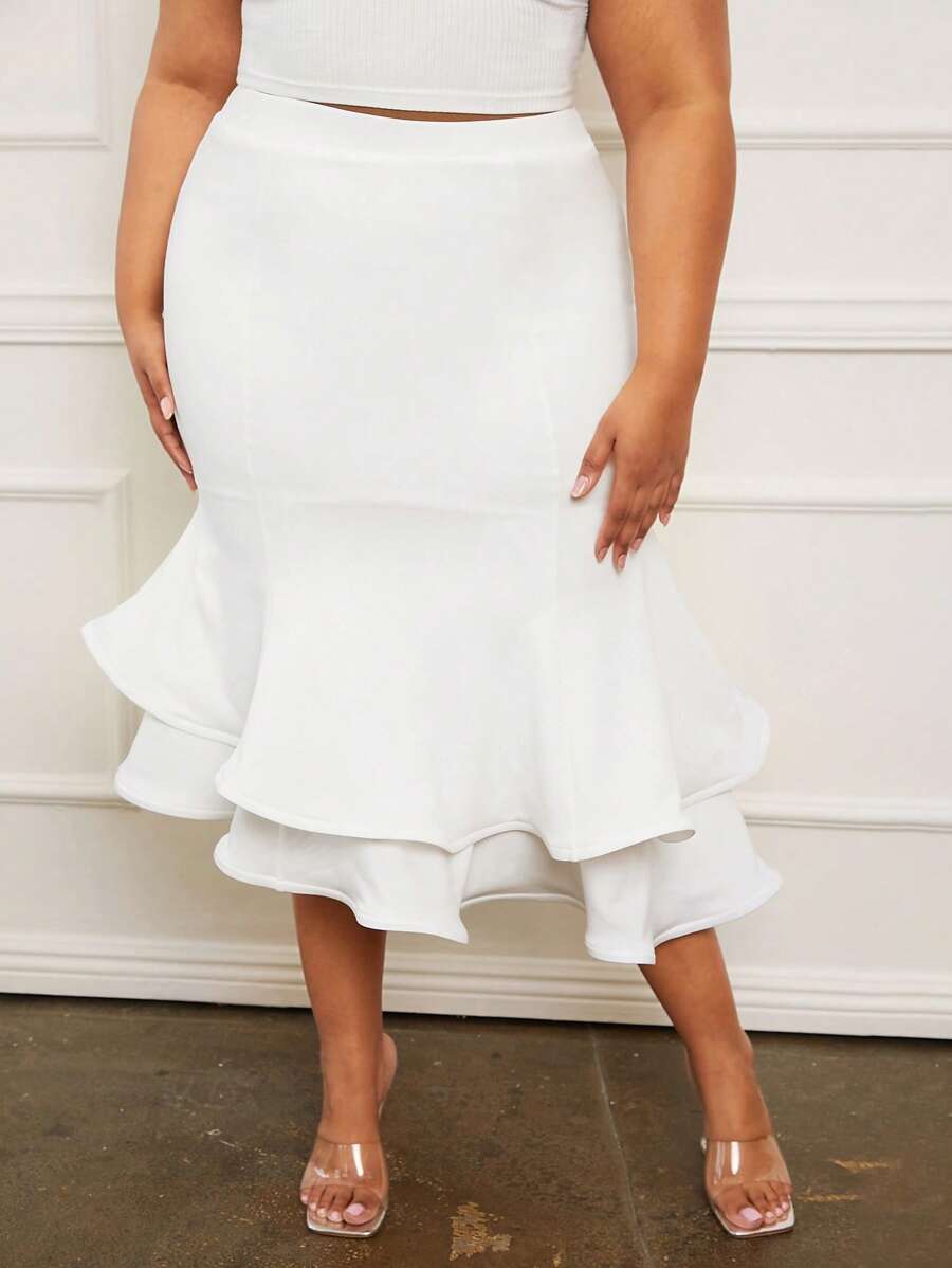 SHEIN SXY Plus High Waist Ruffle Hem Skirt - White - View 1