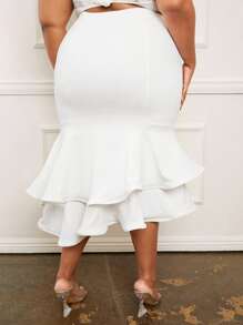 SHEIN SXY Plus High Waist Ruffle Hem Skirt - White - View 2