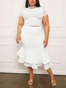 SHEIN SXY Plus High Waist Ruffle Hem Skirt - White - View 4