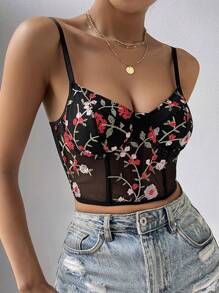 Chiquease Top de tirantes con bordado floral de malla - Negro - Ver 6
