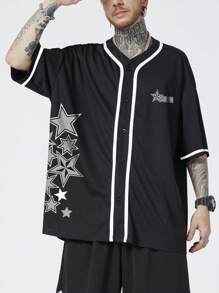ROMWE MEN Guys Star & Letter Graphic Contrast Binding Shirt - Black - View 4