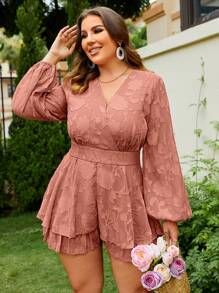 Plus Lantern Sleeve Two Layer Hem Belted Mesh Romper - Dusty Pink - View 1