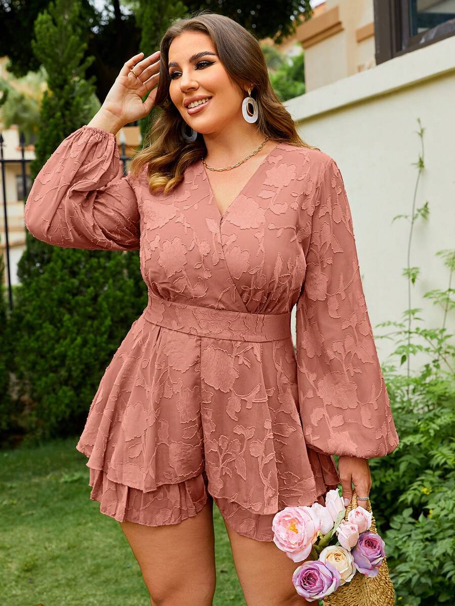 Plus Lantern Sleeve Two Layer Hem Belted Mesh Romper - Dusty Pink - View 1