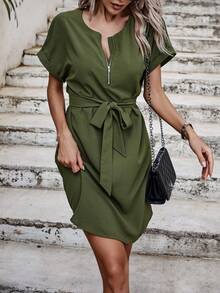 SHEIN LUNE 素色蝙蝠袖繫腰帶洋裝 - 軍綠色 - 查看 5