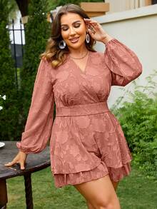 Plus Lantern Sleeve Two Layer Hem Belted Mesh Romper - Dusty Pink - View 3