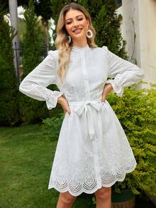 Simplee Eyelet Embroidery Scallop Trim Belted Dress - White - View 5