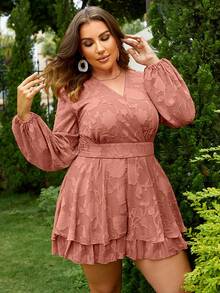 Plus Lantern Sleeve Two Layer Hem Belted Mesh Romper - Dusty Pink - View 5