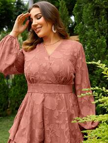 Plus Lantern Sleeve Two Layer Hem Belted Mesh Romper - Dusty Pink - View 6