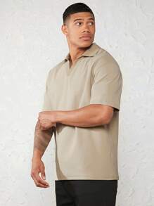 GENTILAND Men Cotton Solid Drop Shoulder Polo Shirt - Khaki - View 7