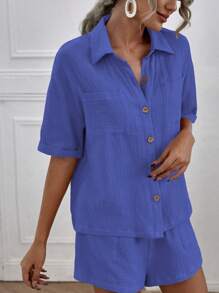 Breezaya 1 Set Solid Color Short Sleeve Front Button Casual Versatile Linen Fabric Outfit - Blue - View 3