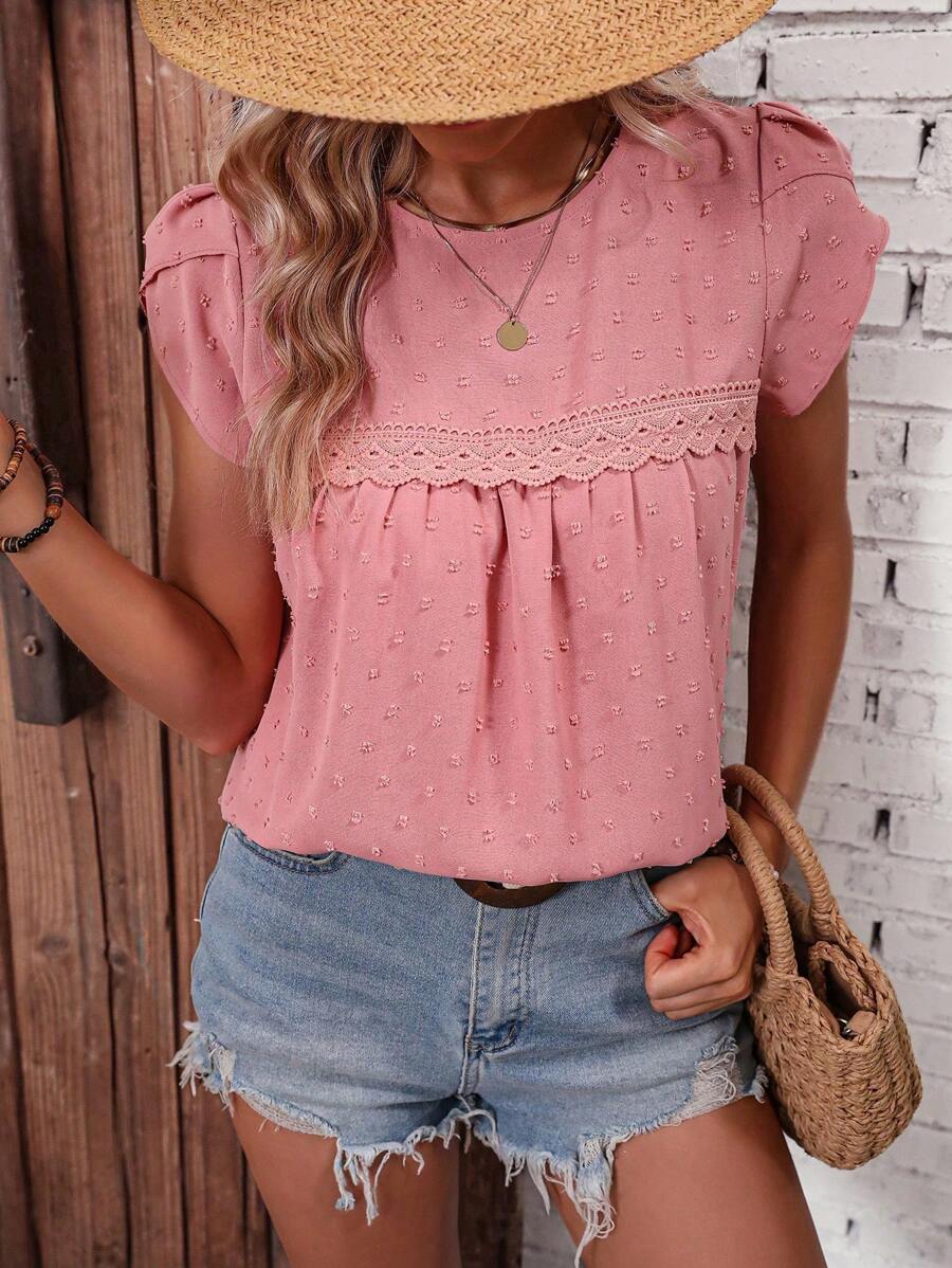 SHEIN VCAY 圓點花瓣袖拼接水溶蕾絲襯衫 - 粉色 - 查看 1