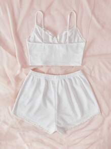 Lace Trim Cami Top & Shorts PJ Set / Pajama Set White Set - White - View 2
