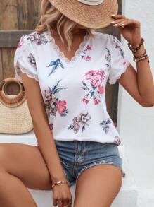 SHEIN VCAY Floral Print Petal Sleeve Lace Trim Tee - White - View 1