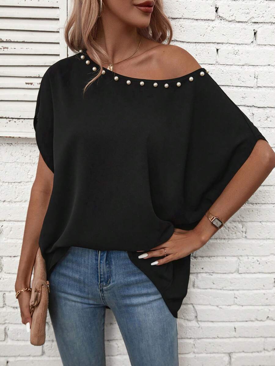 SHEIN LUNE Pearls Beaded Batwing Sleeve Blouse - Black - View 1