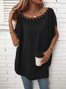 SHEIN LUNE Pearls Beaded Batwing Sleeve Blouse - Black - View 3