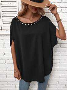 SHEIN LUNE Pearls Beaded Batwing Sleeve Blouse - Black - View 4