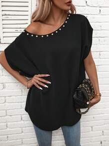 SHEIN LUNE Pearls Beaded Batwing Sleeve Blouse - Black - View 6