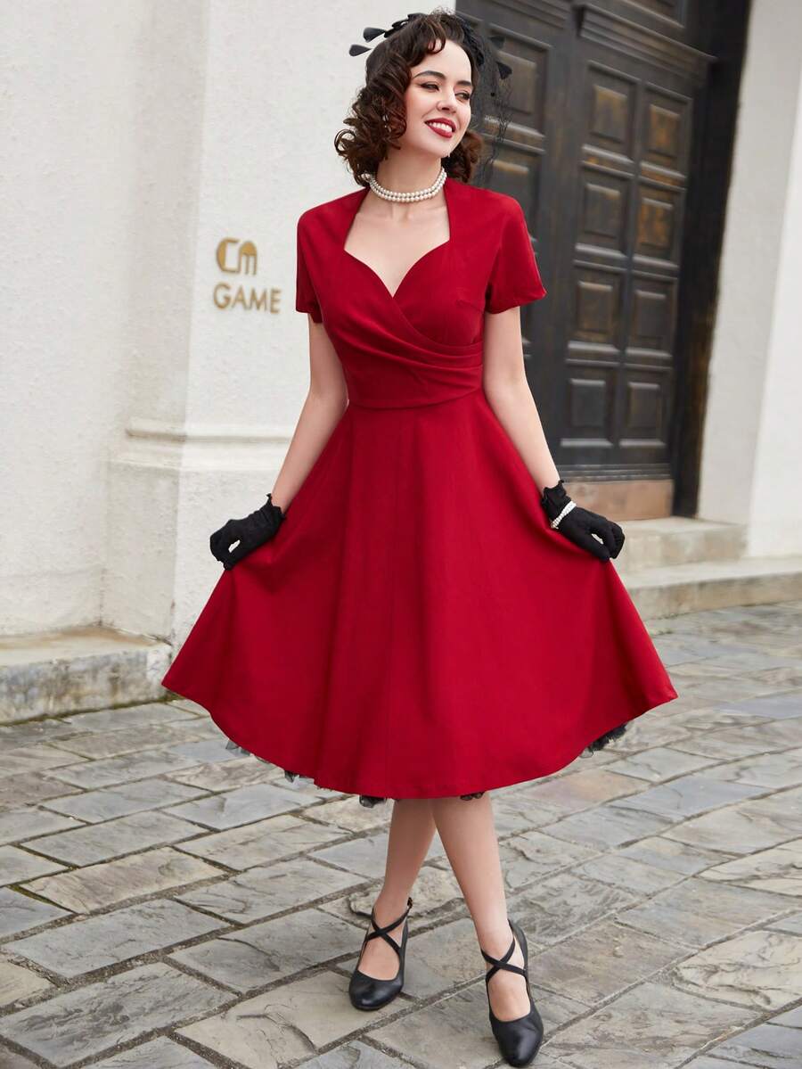 MUXXN Vestido escote corazón fruncido - Burdeos - Ver 1