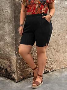 EMERY ROSE 大碼下擺開叉短褲 - 黑色 - 查看 4