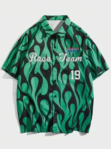 ROMWE MEN Hombres Camisa con estampado de letra con botón delantero - Verde - Ver 1