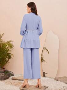 Mulvari 流蘇細節腰帶花邊下擺上衣和闊腿褲 - 淺藍色 - 查看 2