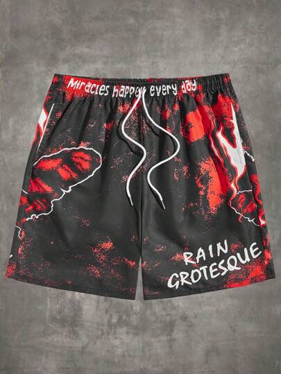 Grunge Punk Männer Shorts mit Buchstabe Batik, Schmetterling Grafik, Tunnelzug,