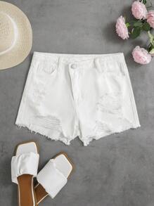 SHEIN 青少年女孩破洞毛邊牛仔短褲 - 白色 - 查看 1