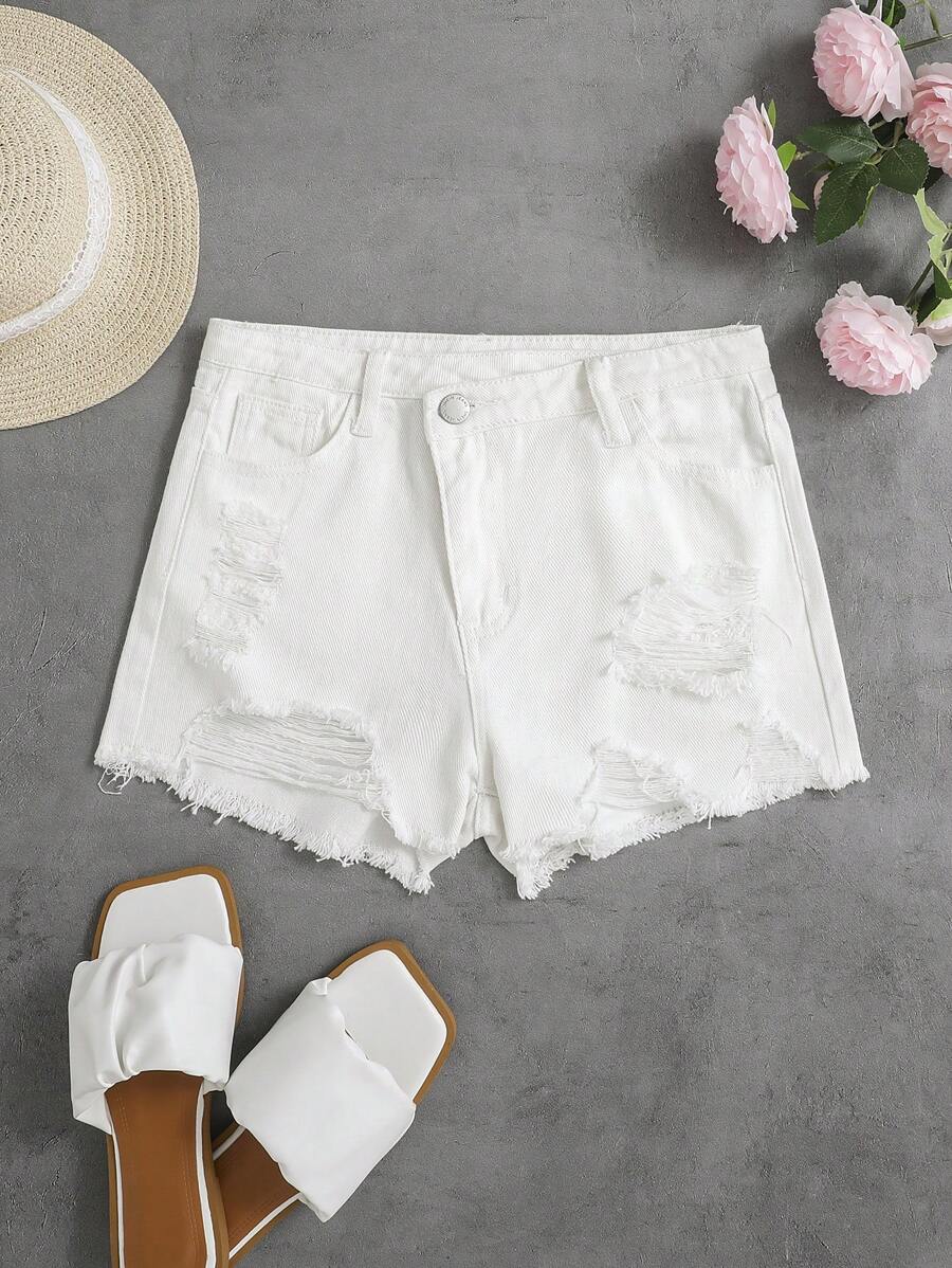SHEIN 青少年女孩破洞毛邊牛仔短褲 - 白色 - 查看 1