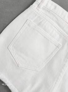 SHEIN 青少年女孩破洞毛邊牛仔短褲 - 白色 - 查看 4