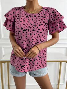 SHEIN LUNE Allover Print Butterfly Sleeve Blouse - Red Violet - View 3