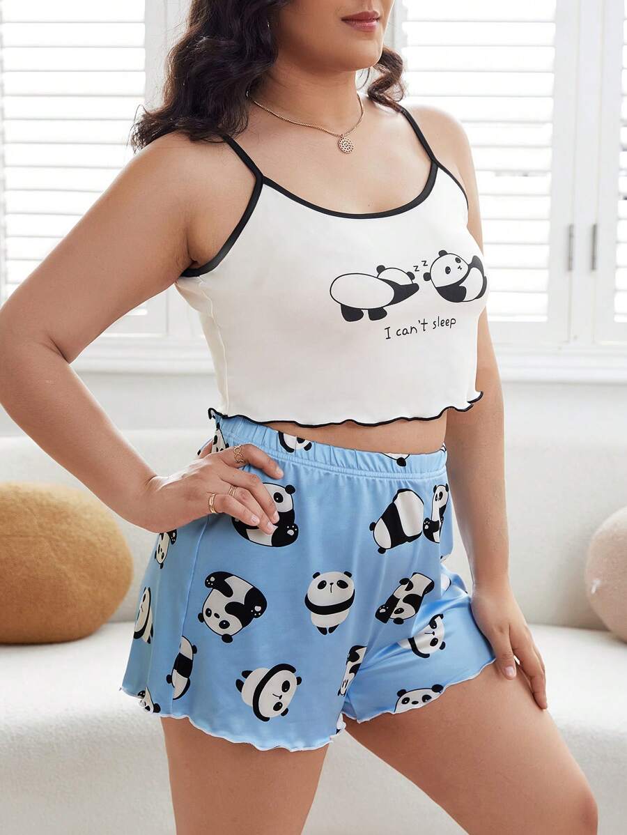 Plus Panda & Slogan Graphic Lettuce Trim Cami Top & Shorts PJ Set - Multicolor - View 1