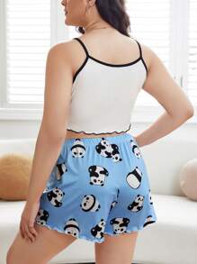 Plus Panda & Slogan Graphic Lettuce Trim Cami Top & Shorts PJ Set - Multicolor - View 2